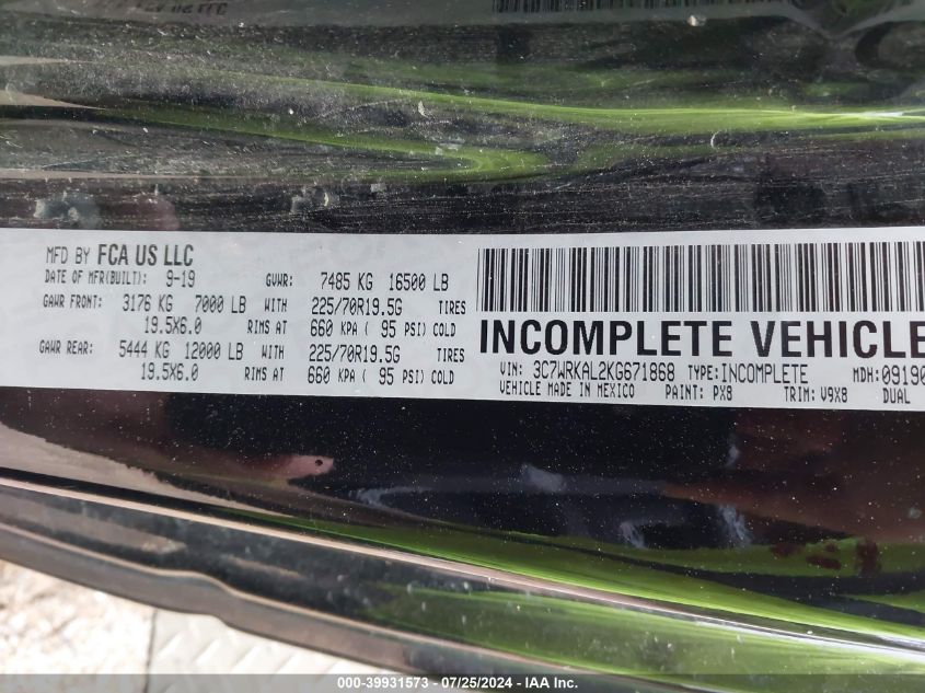 2019 Ram 4500 Chassis Tradesman/Slt VIN: 3C7WRKAL2KG671868 Lot: 39931573