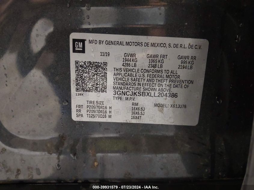 2020 Chevrolet Trax Fwd Ls VIN: 3GNCJKSBXLL204386 Lot: 39931579