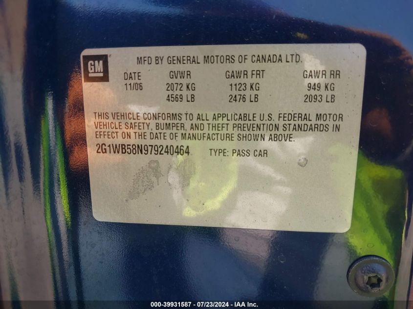 2007 Chevrolet Impala Ls VIN: 2G1WB58N979240464 Lot: 39931587