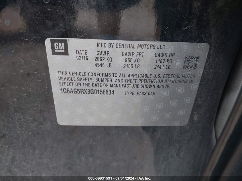 2016 Cadillac Ats Standard VIN: 1G6AG5RX3G0158634 Lot: 39931591