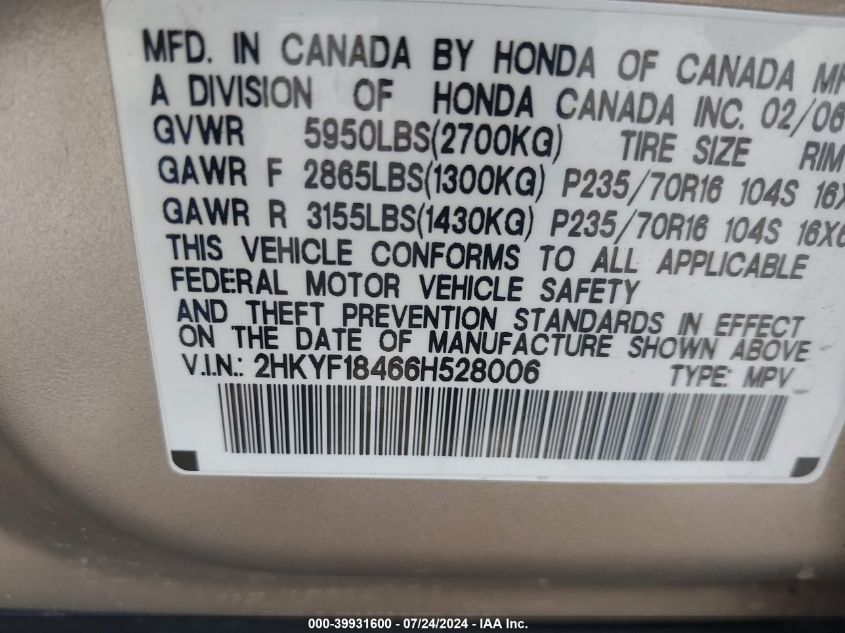 2006 Honda Pilot Ex VIN: 2HKYF18466H528006 Lot: 39931600
