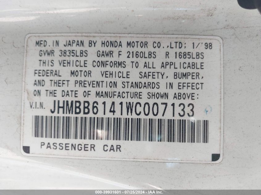 1998 Honda Prelude VIN: JHMBB6141WC007133 Lot: 39931601