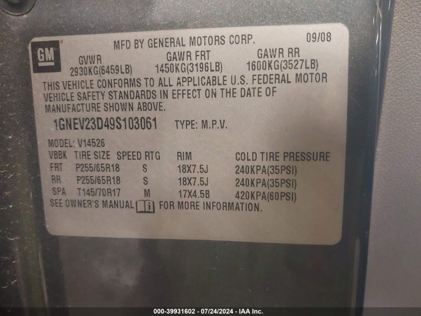 2009 CHEVROLET TRAVERSE VIN: 1GNEV23D49S103061