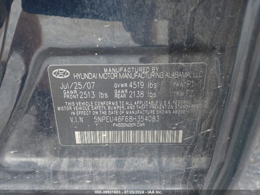 5NPEU46F68H354083 | 2008 HYUNDAI SONATA