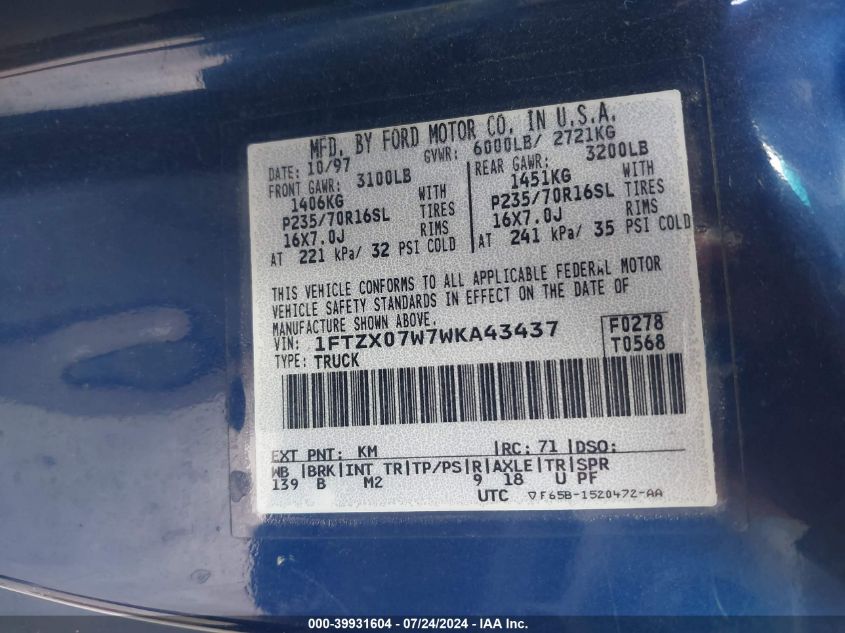 1998 Ford F-150 Lariat/Xl/Xlt VIN: 1FTZX07W7WKA43437 Lot: 39931604