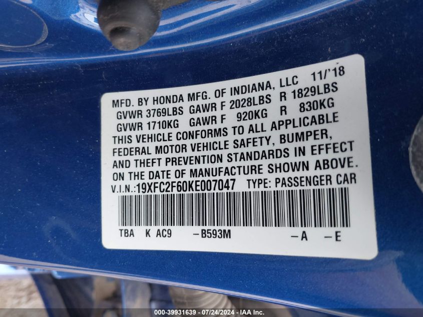 2019 Honda Civic Lx VIN: 19XFC2F60KE007047 Lot: 39931639