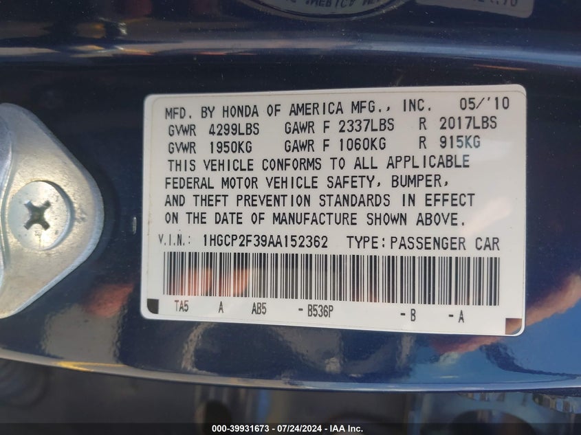 2010 Honda Accord 2.4 Lx VIN: 1HGCP2F39AA152362 Lot: 39931673