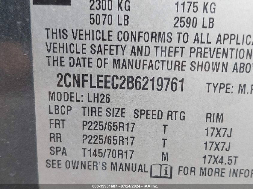 2011 Chevrolet Equinox 1Lt VIN: 2CNFLEEC2B6219761 Lot: 39931687