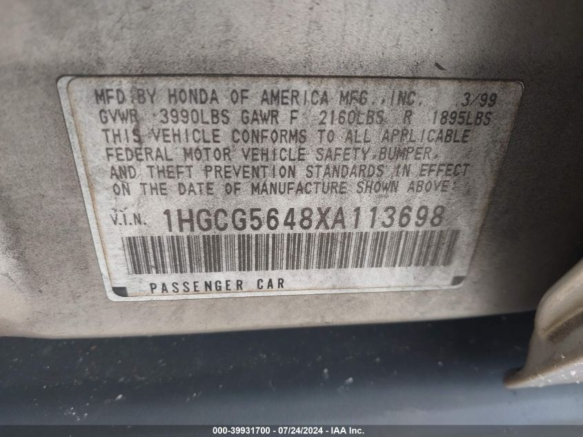 1999 Honda Accord Lx VIN: 1HGCG5648XA113698 Lot: 39931700