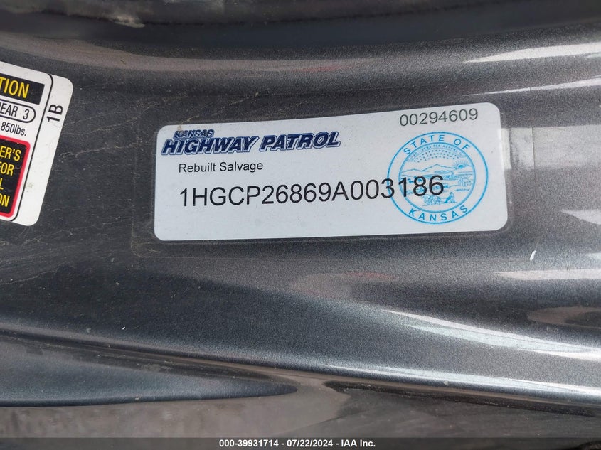 2009 Honda Accord 2.4 Ex-L VIN: 1HGCP26869A003186 Lot: 39931714