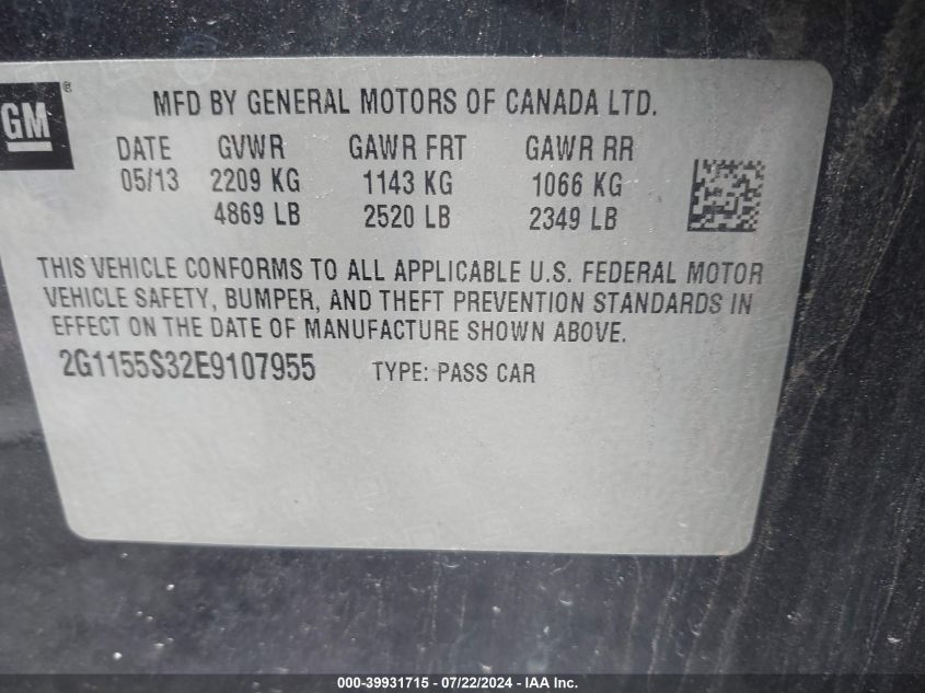2014 Chevrolet Impala 2Lz VIN: 2G1155S32E9107955 Lot: 39931715