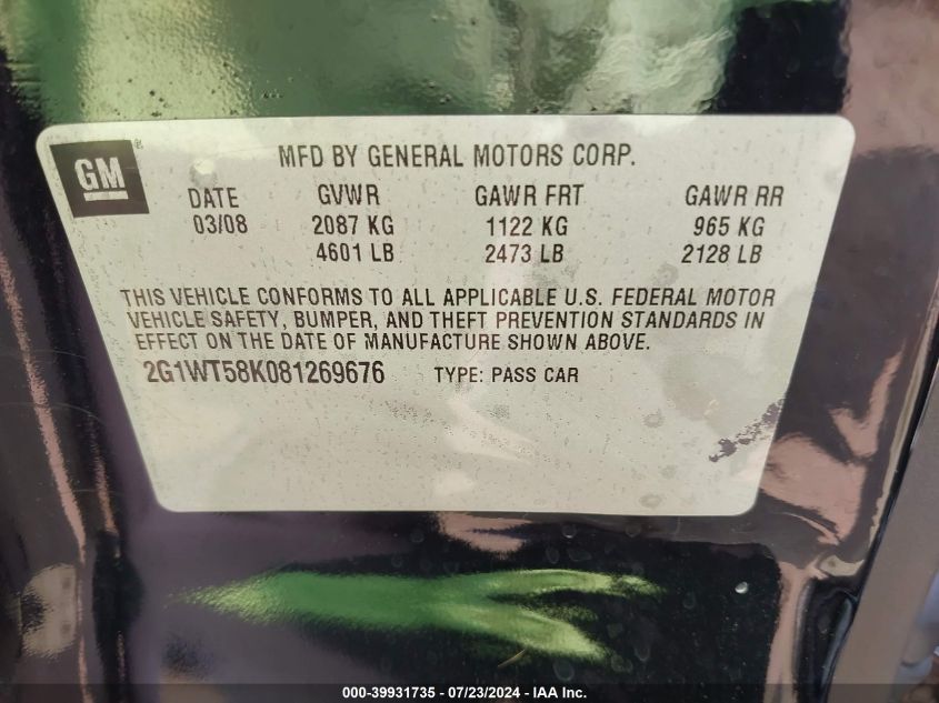 2008 Chevrolet Impala Lt VIN: 2G1WT58K081269676 Lot: 39931735
