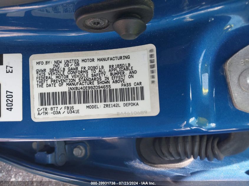 2009 Toyota Corolla Le VIN: 1NXBU40E99Z094655 Lot: 39931738