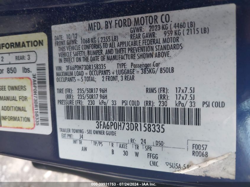 2013 Ford Fusion Se VIN: 3FA6P0H73DR158335 Lot: 39931753