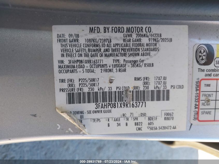 2009 Ford Fusion Sel VIN: 3FAHP081X9R163771 Lot: 39931769