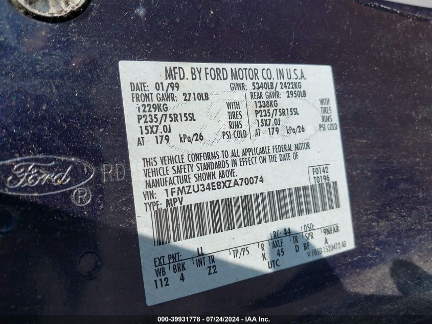 1999 Ford Explorer VIN: 1FMZU34E8XZA70074 Lot: 39931778
