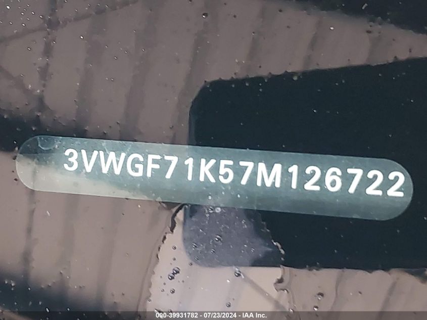 2007 Volkswagen Jetta VIN: 3VWGF71K57M126722 Lot: 39931782