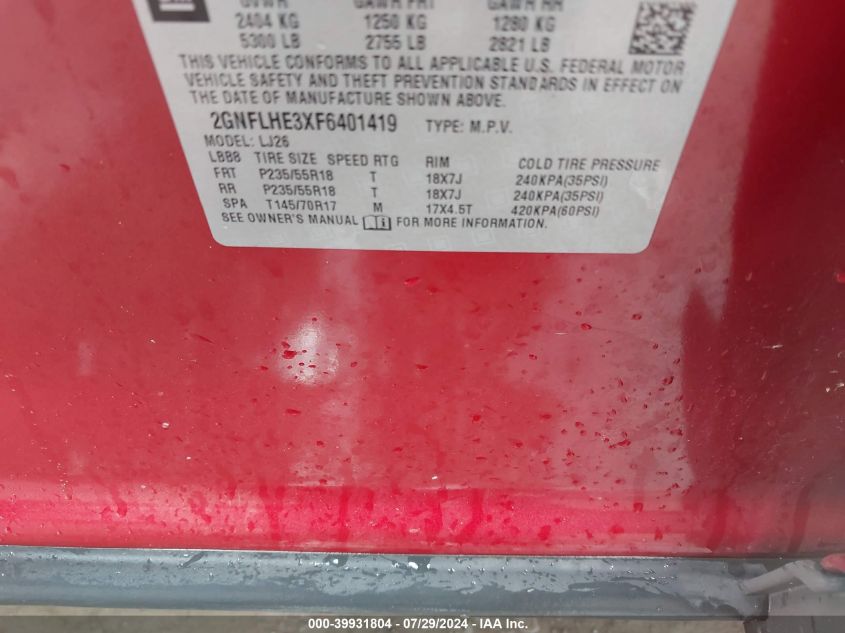 2015 Chevrolet Equinox Ltz VIN: 2GNFLHE3XF6401419 Lot: 39931804