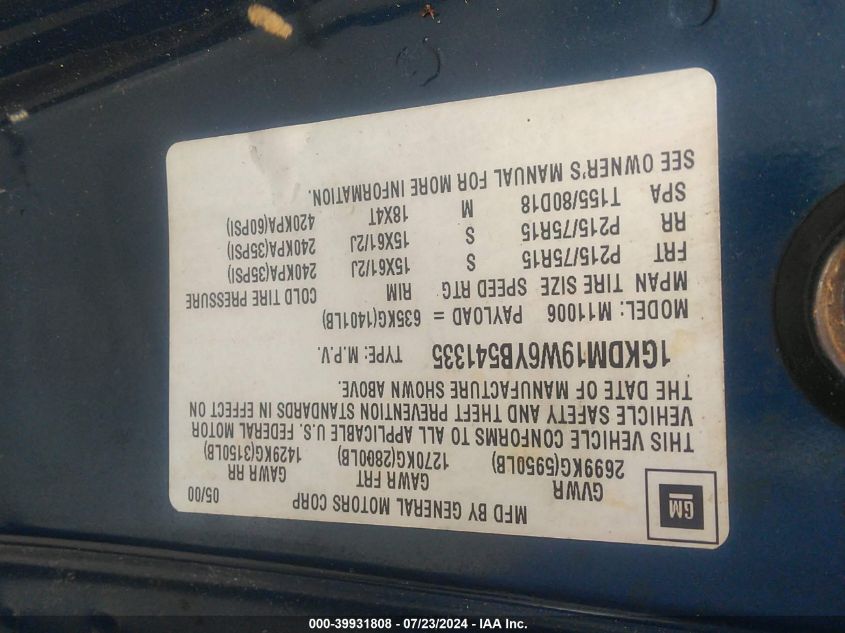 2000 GMC Safari Sl VIN: 1GKDM19W6YB541335 Lot: 39931808