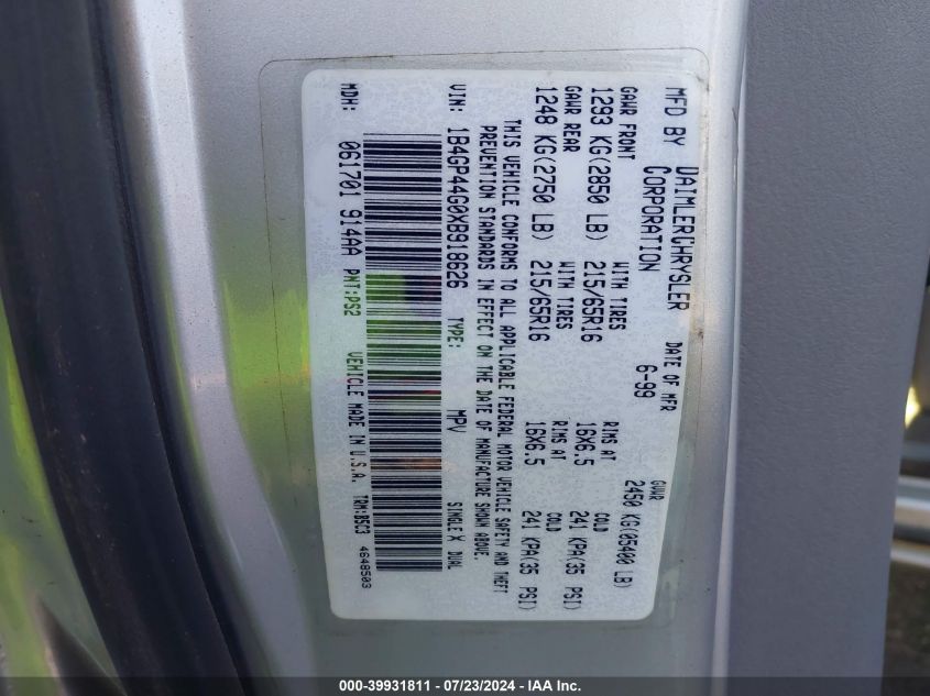 1999 Dodge Grand Caravan Se/Sport VIN: 1B4GP44G0XB918626 Lot: 39931811