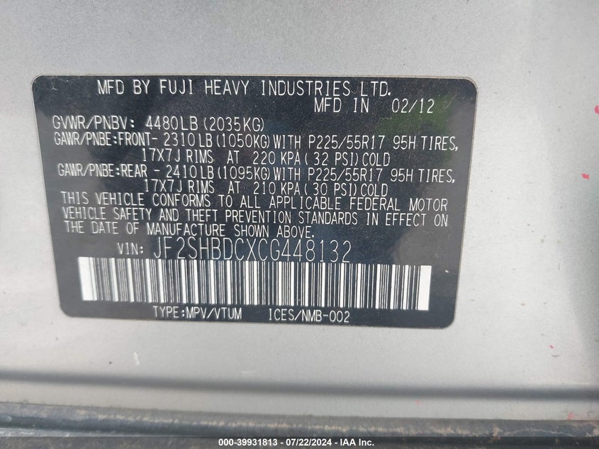 2012 Subaru Forester 2.5X Premium VIN: JF2SHBDCXCG448132 Lot: 39931813