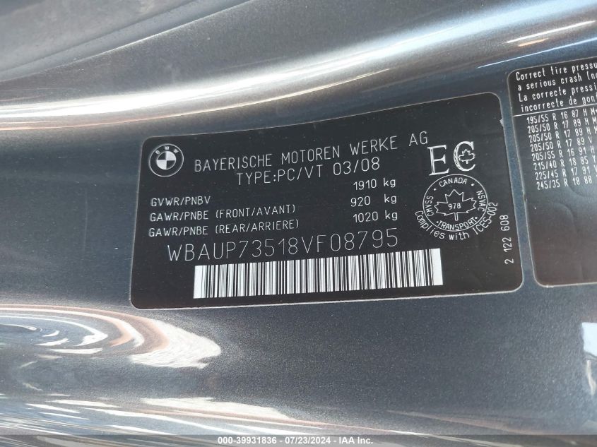 2008 BMW 128I VIN: WBAUP73518VF08795 Lot: 39931836