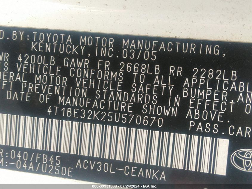 2005 Toyota Camry Le VIN: 4T1BE32K25U570670 Lot: 39931838