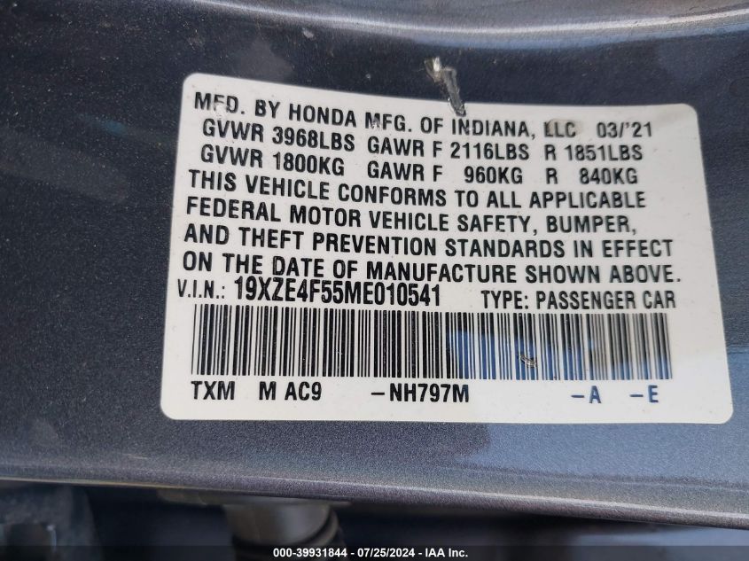 2021 Honda Insight Ex VIN: 19XZE4F55ME010541 Lot: 39931844