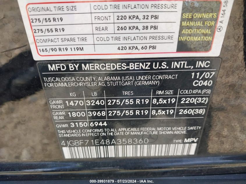 2008 Mercedes-Benz Gl 450 4Matic VIN: 4JGBF71E48A358360 Lot: 39931879