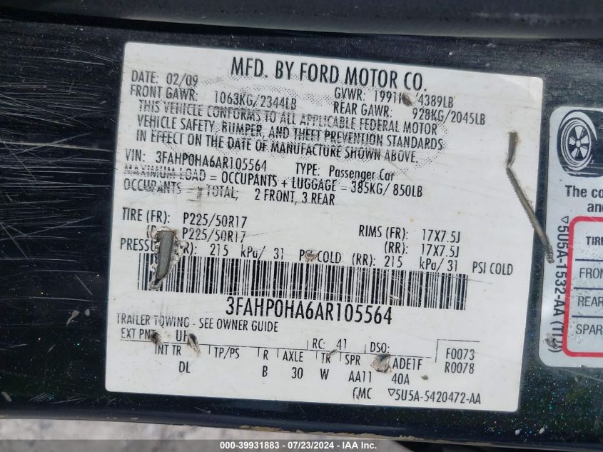 2010 Ford Fusion Se VIN: 3FAHP0HA6AR105564 Lot: 39931883