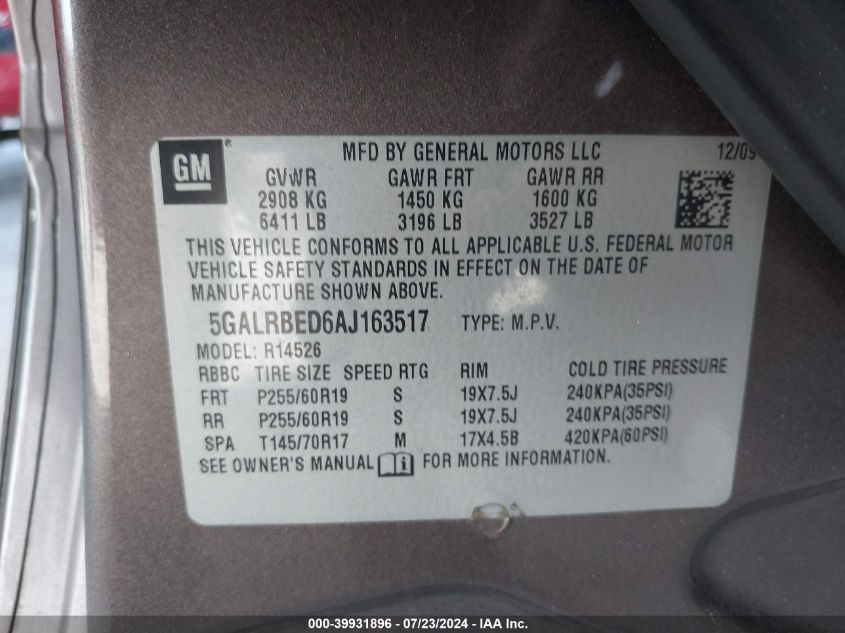 2010 Buick Enclave 1Xl VIN: 5GALRBED6AJ163517 Lot: 39931896