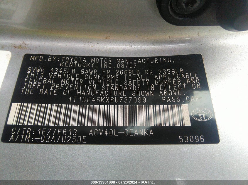 2008 Toyota Camry VIN: 4T1BE46KX8U737099 Lot: 39931898