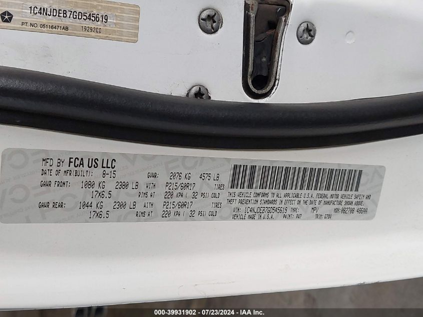 2016 JEEP COMPASS LATITUDE - 1C4NJDEB7GD545619