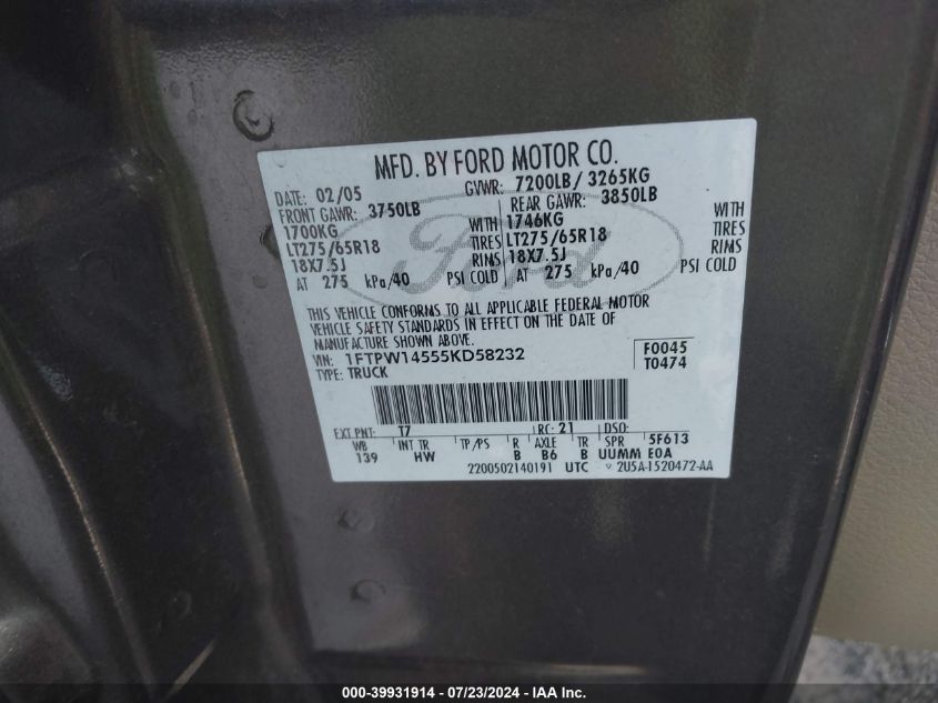 2005 Ford F-150 Fx4/Lariat/Xlt VIN: 1FTPW14555KD58232 Lot: 39931914