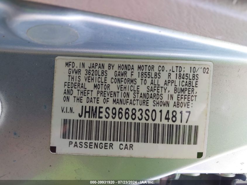 2003 Honda Civic Hybrid VIN: JHMES96683S014817 Lot: 39931920