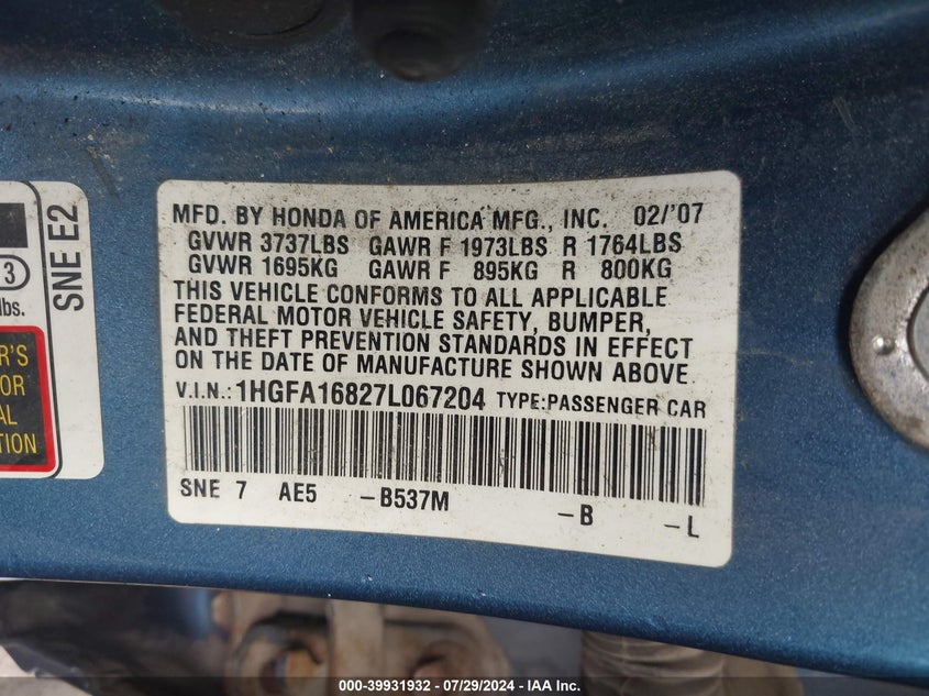 2007 Honda Civic Ex VIN: 1HGFA16827L067204 Lot: 39931932