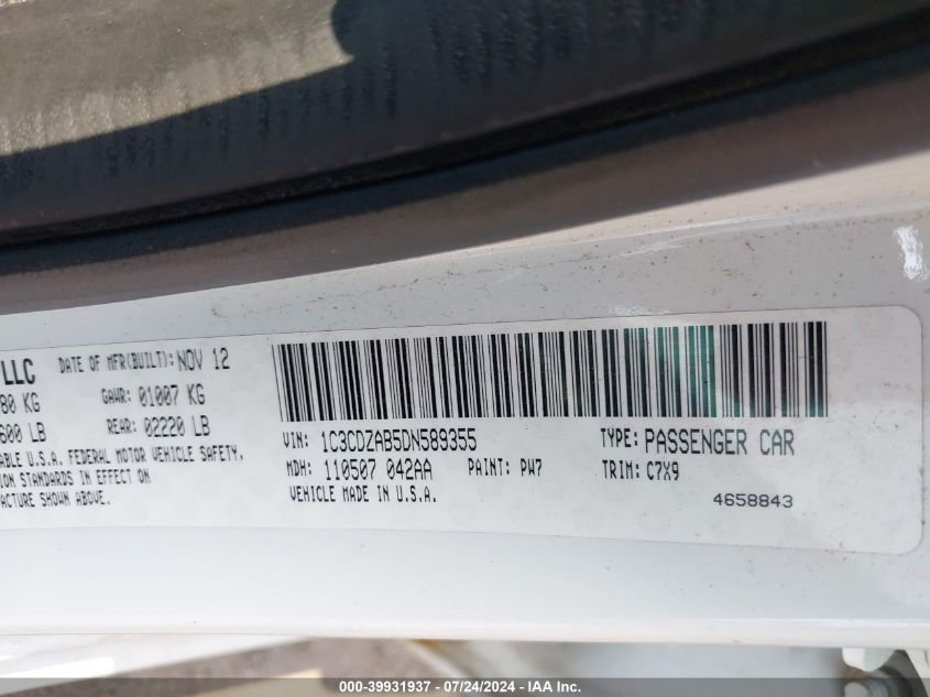2013 Dodge Avenger Se VIN: 1C3CDZAB5DN589355 Lot: 39931937