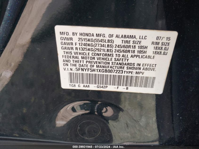 2016 Honda Pilot Lx VIN: 5FNYF5H1XGB007223 Lot: 39931945