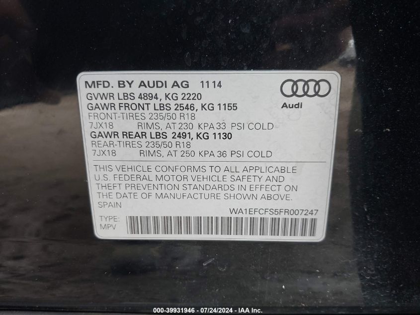 2015 Audi Q3 2.0T Premium Plus VIN: WA1EFCFS5FR007247 Lot: 39931946