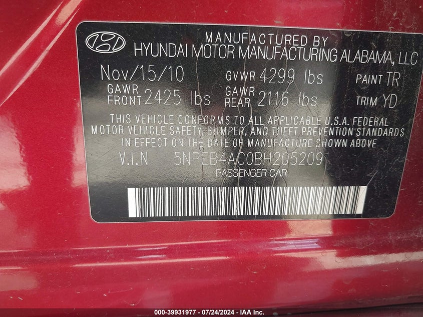 2011 Hyundai Sonata Gls VIN: 5NPEB4AC0BH205209 Lot: 39931977