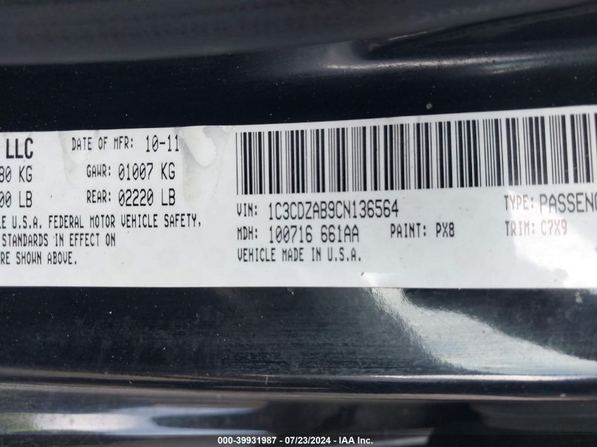 2012 Dodge Avenger Se VIN: 1C3CDZAB9CN136564 Lot: 39931987