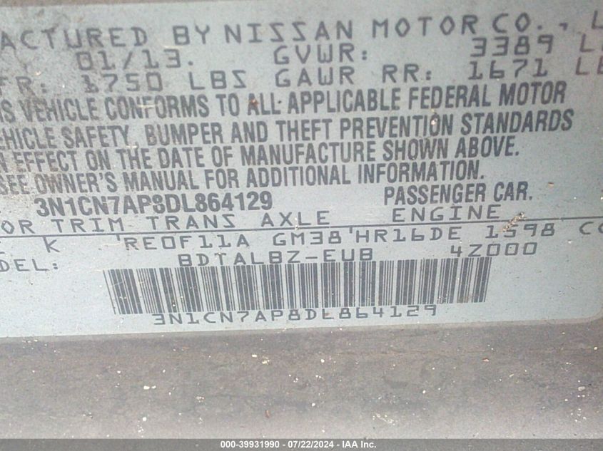 2013 Nissan Versa 1.6 Sv VIN: 3N1CN7AP8DL864129 Lot: 39931990