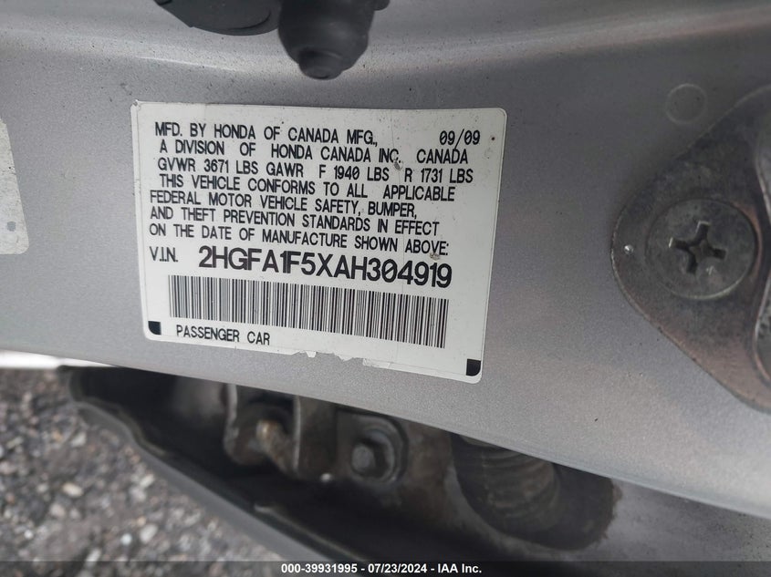 2010 Honda Civic Lx VIN: 2HGFA1F5XAH304919 Lot: 39931995