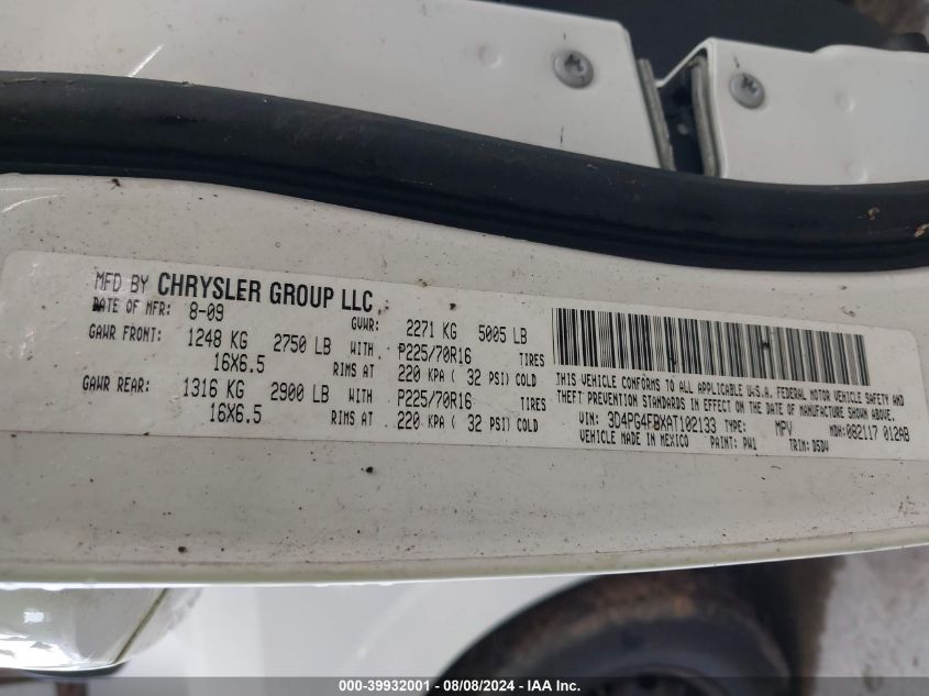 2010 Dodge Journey Se VIN: 3D4PG4FBXAT102133 Lot: 39932001