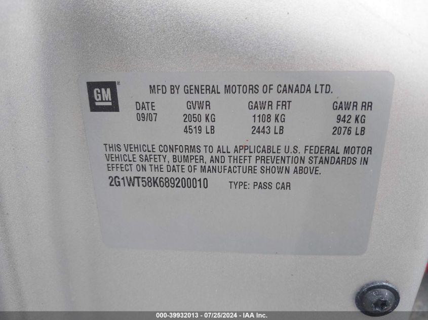 2008 Chevrolet Impala Lt VIN: 2G1WT58K689200010 Lot: 39932013