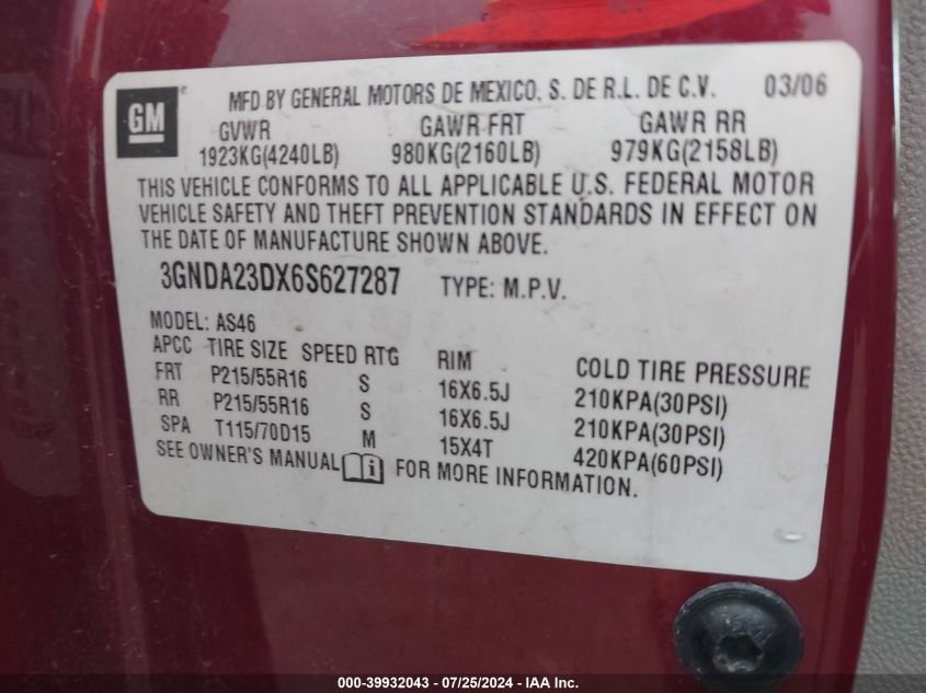 2006 Chevrolet Hhr Lt VIN: 3GNDA23DX6S627287 Lot: 39932043