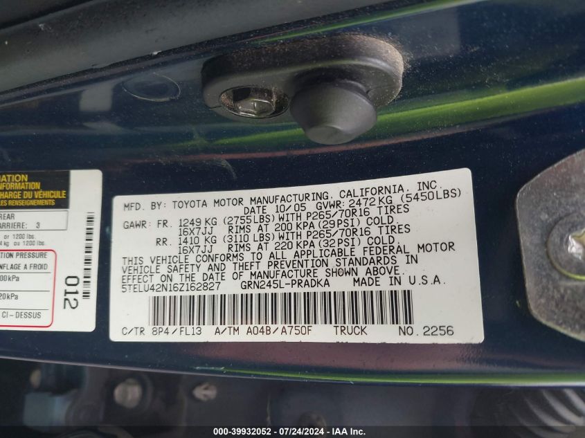 2006 Toyota Tacoma Base V6 VIN: 5TELU42N16Z162827 Lot: 39932052