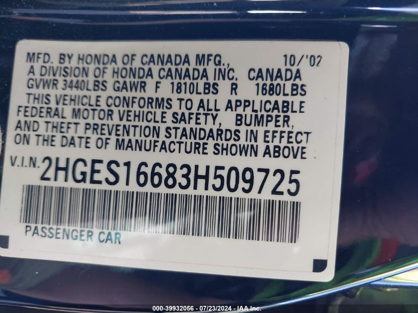 2003 Honda Civic Lx VIN: 2HGES16683H509725 Lot: 39932056