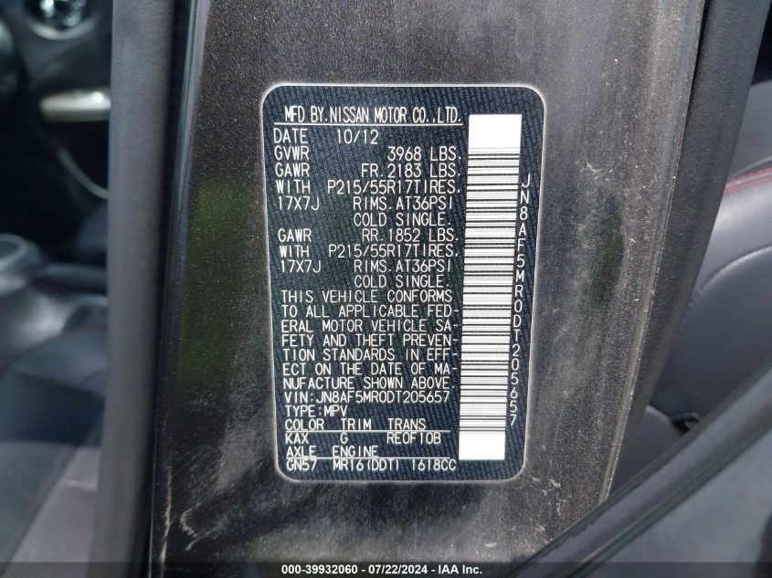 2013 Nissan Juke Sl VIN: JN8AF5MR0DT205657 Lot: 39932060