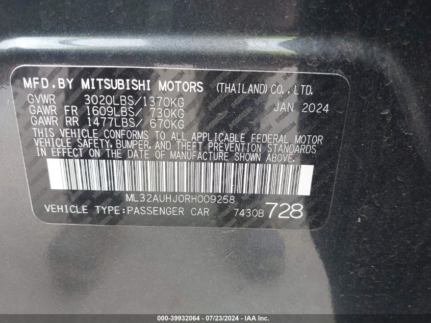 2024 Mitsubishi Mirage Es/Le VIN: ML32AUHJ0RH009258 Lot: 39932064